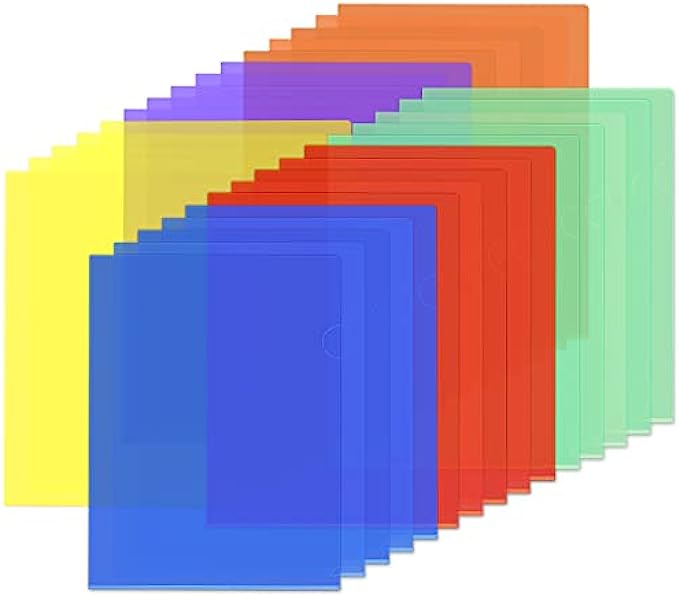 JIKIOU 30pcs Plastic Project Pockets Clear Plastic Folders 6 Colors Clear Document Folders for Letter Size and A4 Size for School Office Supplies(5 red, 5 Yellow, 5 Blue, 5 Green, 5 Purple, 5 Orange）