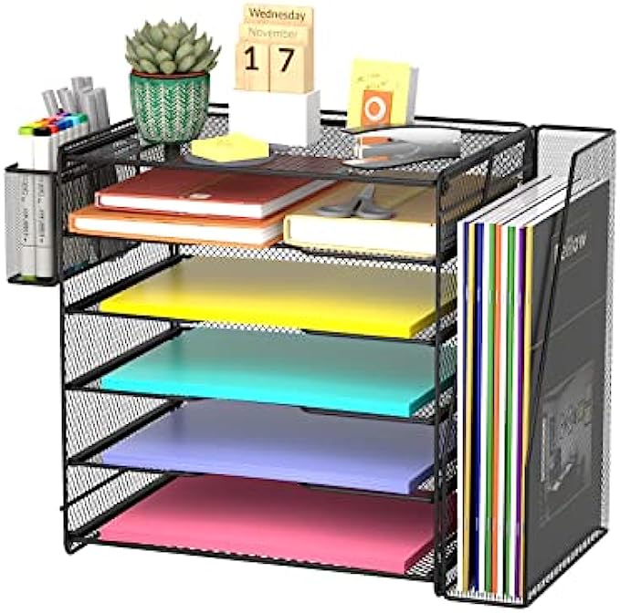 Samstar Mesh Desk Organizer, Paper Letter Tray with 5 Tier Racks Shelves,1 Extra Vertical File Sorter and Pen Holders for Office Supplies,Black