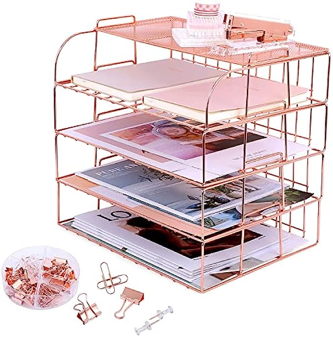 Paper Organizer for Desk, 4 Tier Desk Organizers for Office Stackable Letter Tray with Binder Clips, Paper Clips and Push Pins(Rose Gold)
