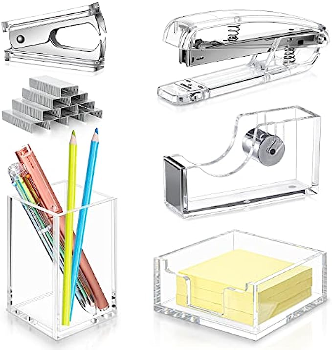 Clear Office Desk Accessories for Women Office Supplies Include Acrylic Tape Dispenser, Clear Acrylic Notepad Holder, Stapler, Pen Holder, Staples and Staple Remover (6 Pieces)
