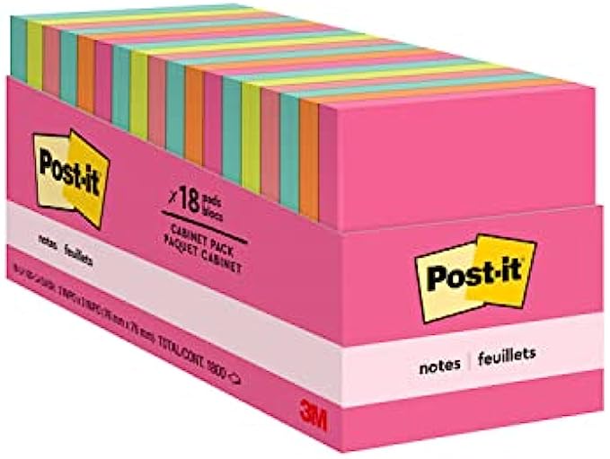 Post-it Notes, 3x3 in, 18 Pads, America's #1 Favorite Sticky Notes, Cape Town Collection, Bright Colors (Magenta, Pink, Blue, Green), Clean Removal, Recyclable (654-18CTCP)