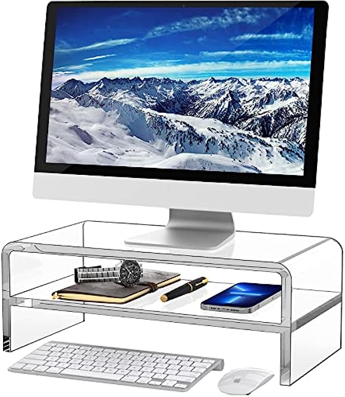 Egchi Acrylic Monitor Stand, 2 Tiers Clear Monitor Riser Computer Stand for Office, Home, Office, 5.5 Inches Hight PC Desk Stand for Keyboard Storage, Premium Platform for Laptop Printer TV Screen