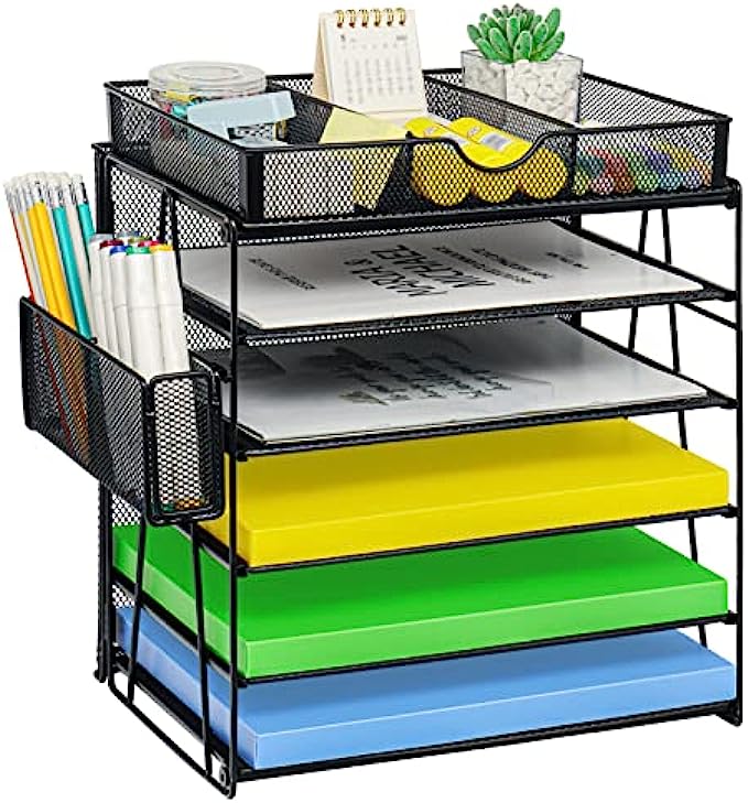 GALASALA Desk Organizers with Pen Holder, 5 Tier Mesh Desk File Organizer with Drawers, Desk Organizers and Accessories, Paper Letter Tray, Desk Organizers and Storage for Office Home