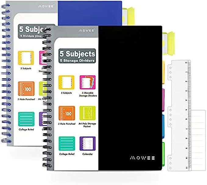MOWEE 5 Subject Notebook, 2 Pack College Ruled Notebook with Storage Divider Pockets, Index Tabs, 11" Ruler, 200 Pages, for School, Business, Office Supplies, 8.1''x11.7''（211
