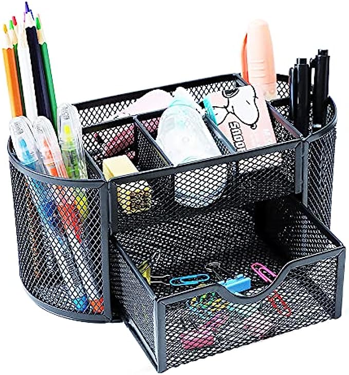 Desk Organizer 8 Compartment Black Mesh Multi Function-Caddy With Drawer For Work And Office Supplies. Organizers For Accessories, 8.85x4.3x4.7 Inches