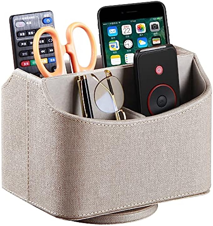 PUSU Leather 360°Rotatable Remote Control Holder,Nightstand TV Remote Caddy,Office Supplies Desktop Organizer,Spinning Storage Box for Pen,Mail,Phone,DVD, Blu-Ray, Media Player, Heater Controllers