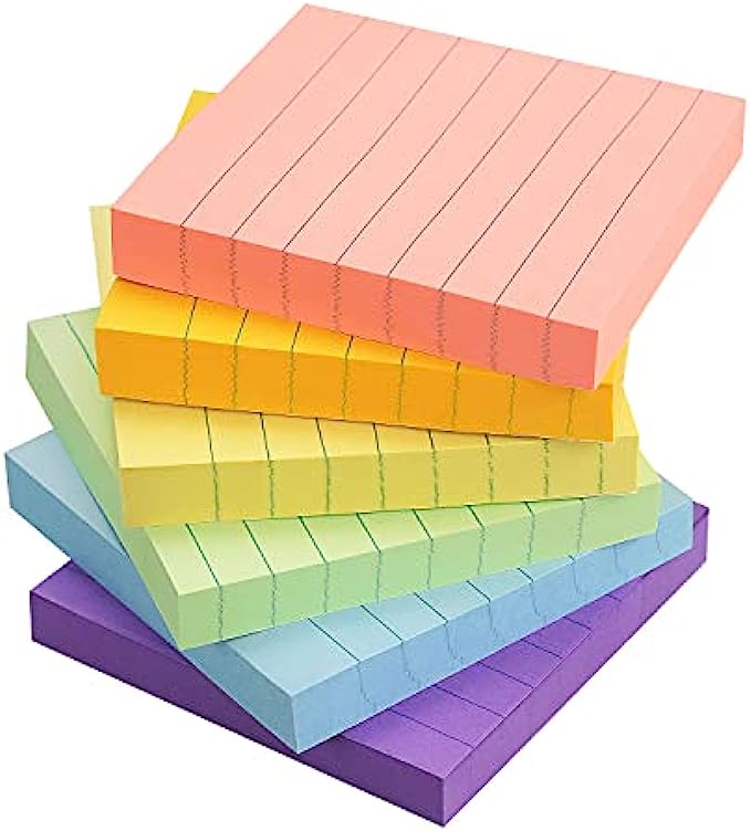 Early Buy 6 Pads Lined Sticky Notes with Lines 3x3 Self-Stick Notes 6 Pastel Color Sticky Notes, 100 Sheets/Pad