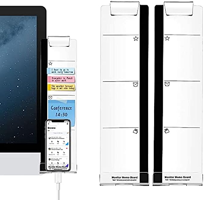 Multifunction Computer Monitor Memo Board - Transparent Computer Side Panel Memo Creative Monitor Side Panel with Phone Holder Suitable for Office Home Desktop (Left and Right) 1 Set