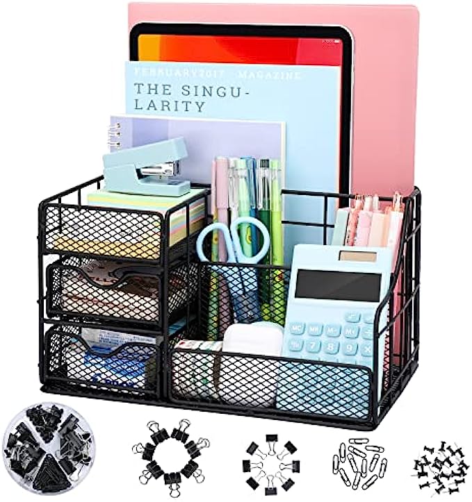 DEZZIE Desk Organizers and Accessories, Mesh Desk Organizer with 2 Sliding Drawers, Office Supplies and Organizers with 7 Compartments + 72 Clips Set, Black Desktop Organizer for Home, School,Office