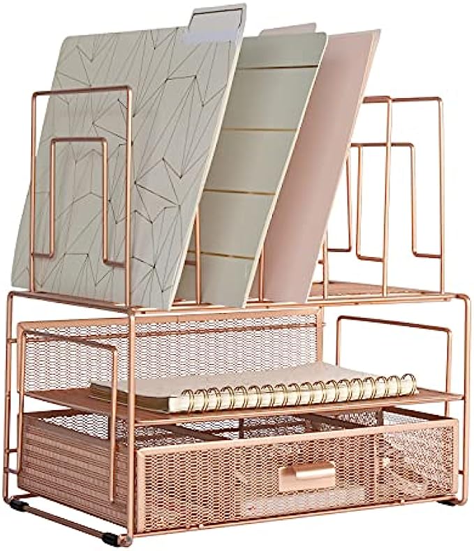 Blu Monaco Workspace Rose Gold Desk Organizers and Storage Accessories Desktop Rack File Organizer with File sorters and Drawer for Office Supplies, Paper, Device and Folder
