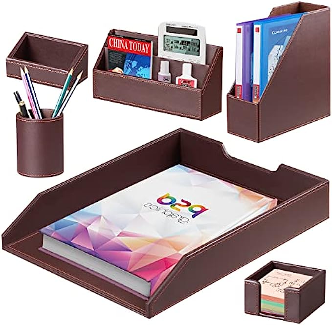 6 Piece Office Supplies Desk Organizer Set - with File Paper Tray, Magazine Holder, Pen Cup, Sticky Note Holder, Letter Mail Sorter, Business Card Holder- Desktop Accessories Decor for Women Men
