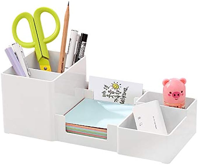 Desk Organizer, Desktop Organizer with Pencil Holders, Sticky Note Tray, Paperclip Storage and Office Accessories Caddy, Office Stationery Supplies Organizers, 6 Compartments, White