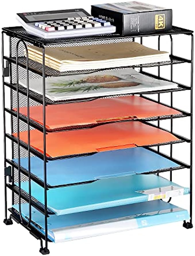 Univivi Office Desk Organizer, 7-Tier Mesh Letter Trays , File Paper Tray Organizer / Screws Free design ,Black