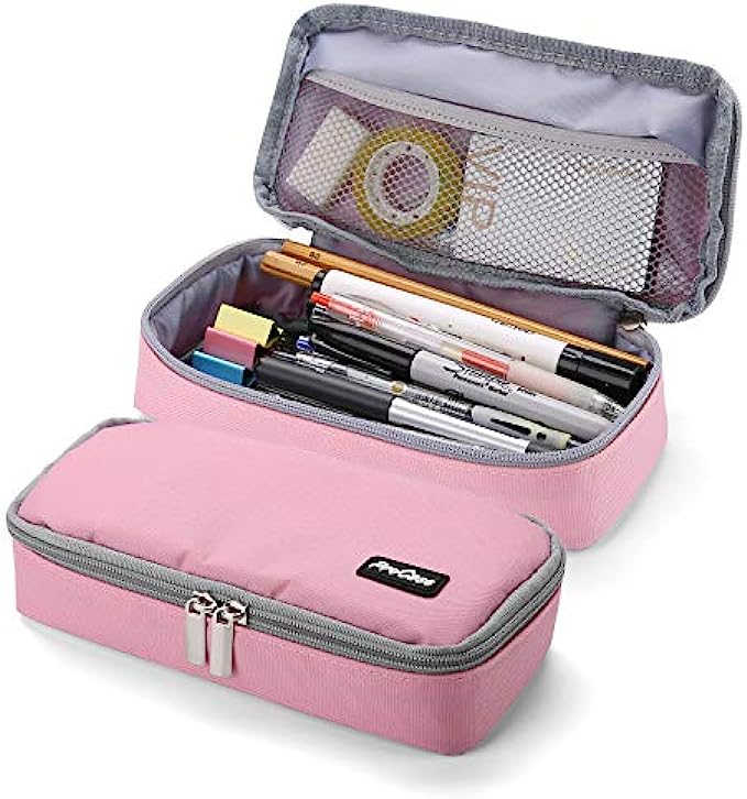 ProCase Pencil Bag Pen Case, Large Capacity Students Stationery Pouch Pencil Holder Desk Organizer with Double Zipper, Portable Pencil Pouch for School Office Supplies -Pink