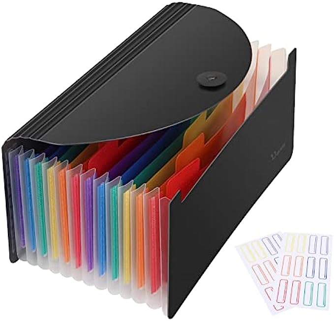 Uquelic Desk Stand Receipt Folder - 13 Pockets Expanding Coupons Storage/Rainbow Large Capacity Small Document Organizer with Label, 10 x 5 inch (Black)…