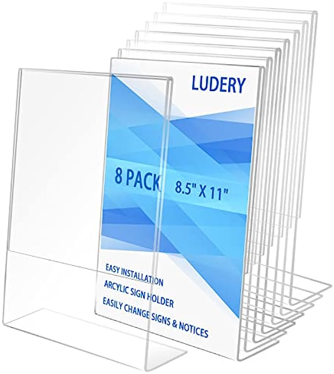 8.5 X 11 Acrylic Sign Holder Slant Back Design Plastic Display Stand Clear Table Single Sheet Portrait Ad Frames Paper Holder for Home, Office, Store, Restaraunt - 8 Pack (8)