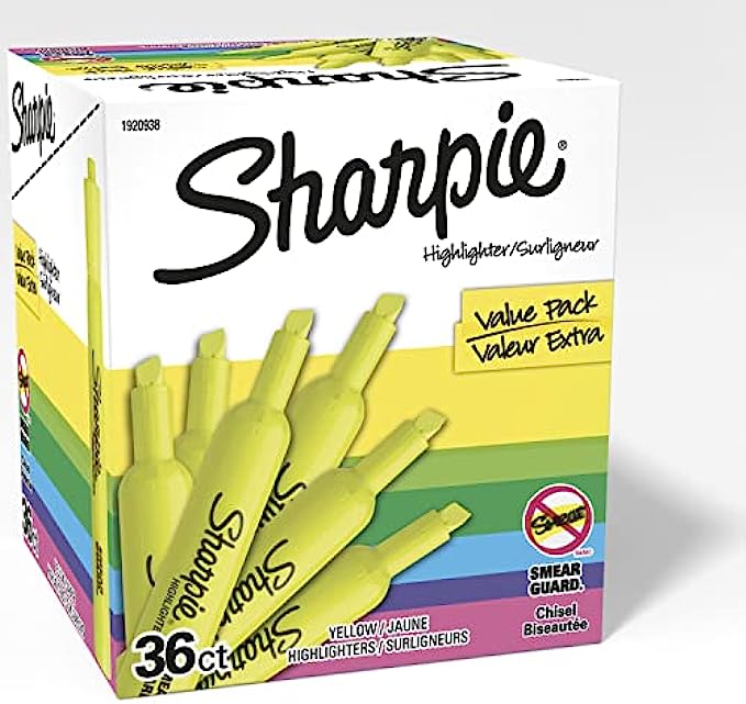 Sharpie Tank Style Highlighters, Chisel Tip, Fluorescent Yellow, Box of 36 (1920938)
