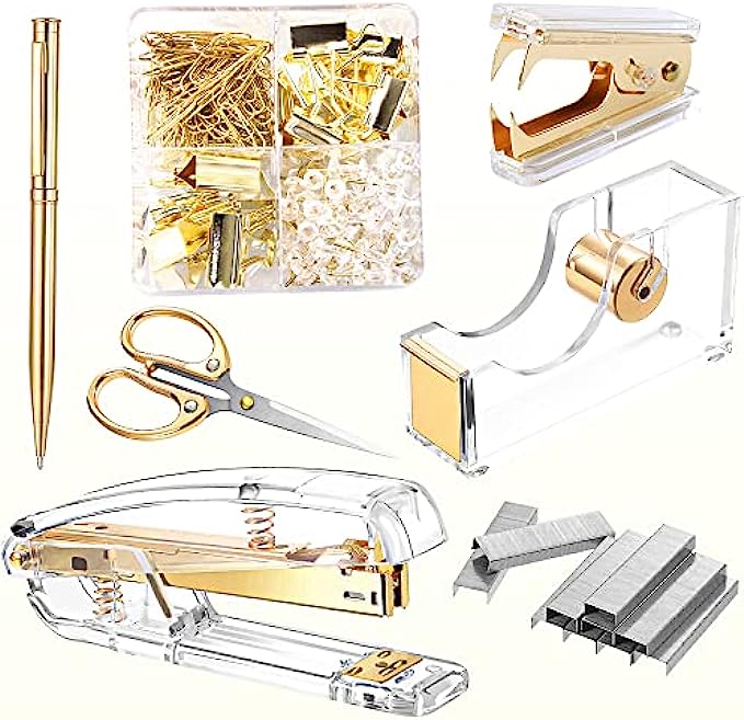 Office Supplies Set Desk Stationery Accessories Kit of Stapler, Staple Remover, Tape Dispenser, Binder Clips, Paper Clips, Ballpoint Pen and Scissor with 2000pcs Staples(Gold)