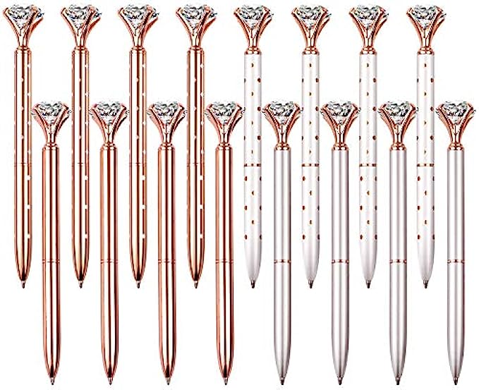 16 PCS Diamond Pen With Big Crystal Bling Metal Ballpoint Pen, Office Supplies And School, Rose Gold/White Rose Polka Dot/Silver/Rose Gold With White Polka Dots, Includes 16 Pen Refills