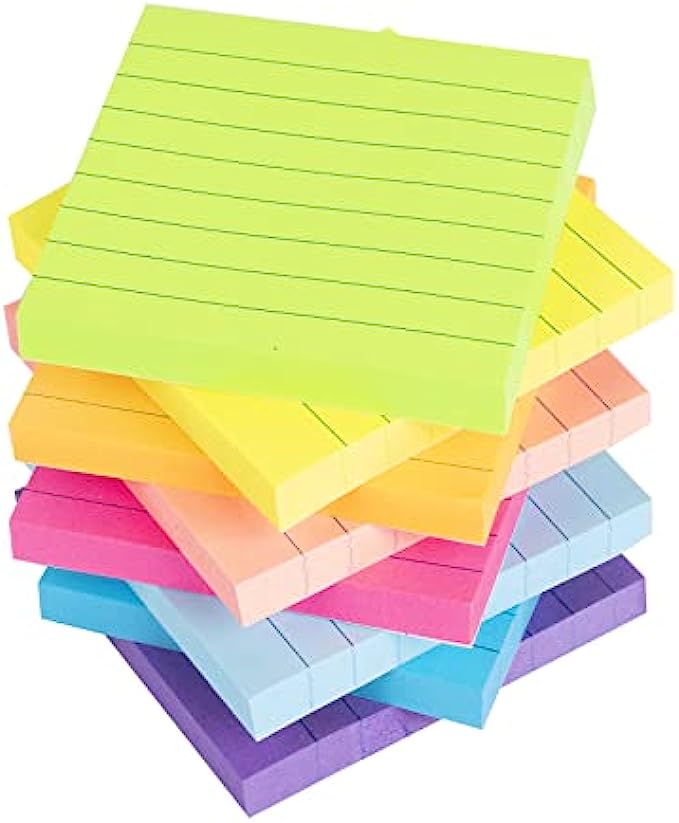 (8 Pack) Lined Sticky Notes 3x3 in Bright Ruled Post Stickies Colorful Super Sticking Power Memo Pads Strong Adhesive, 8 Pads/Pack, 82 Sheets/pad
