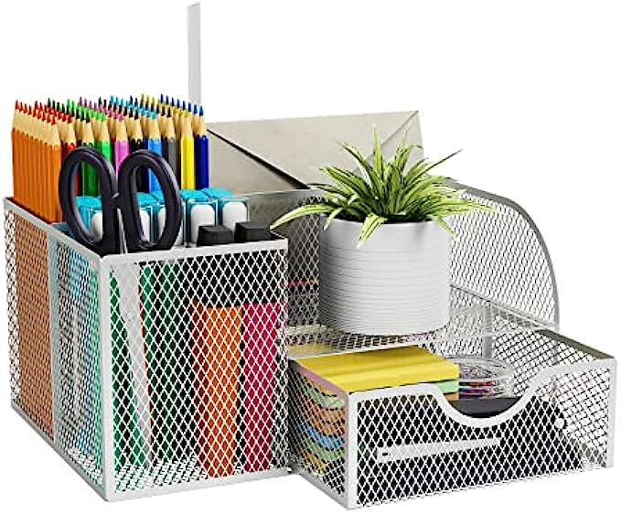 Office Supplies Desk Organizer Caddy for Organization and Accessories with 4 Compartments + 1 Sliding Drawer, Mesh Desk Organizers with Pen Holder for Home School College Dorm Women Desktop, Silver