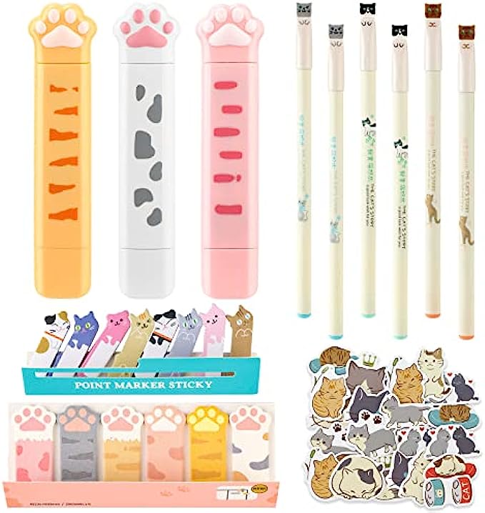 414 Pieces Cute Cat Gel Pens Japanese Cats Design Cat Sticky Flags Tab Cat Stationery Set Cartoon Correction Tapes for Christmas Cat Lovers Kids Girl Stationery School Office Supplies (Cute Style)