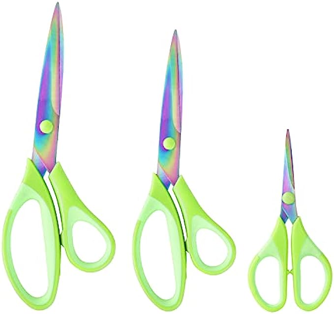 Titanium Scissors, Sharp Blades Shears, Rubber Soft Grip Handle, Multipurpose Scissors Set Great for Crafts, Sewing, Arts, Office, School and Home Supplies, 1 Set of 3 Pack, Green