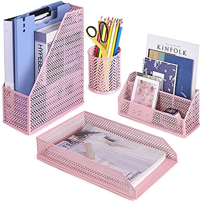 POPRUN Desk Organzier Set Cute Desk Accessories 4 Piece-Letter Sorter, Pen Cup, Magazine Holder and Paper Tray Office Organizer set - Cute Stationary Desktop Accessories for Women Desk Set- Pink