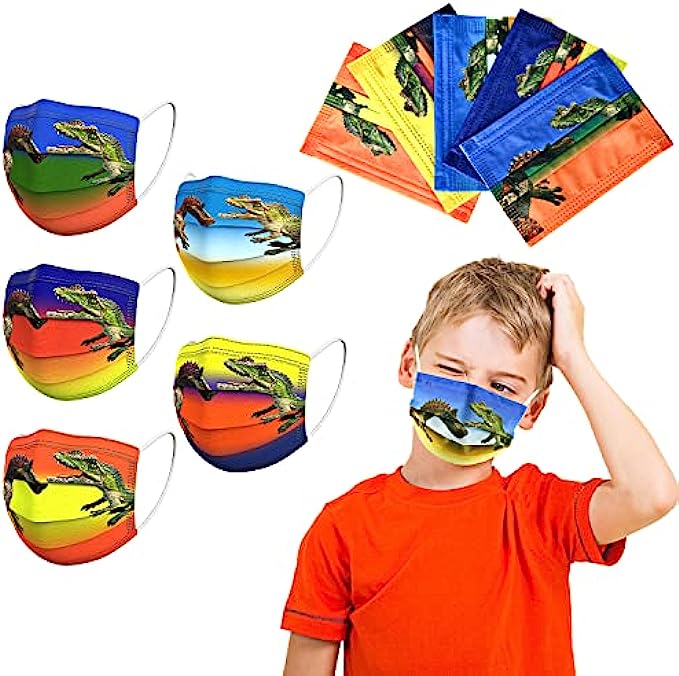 BLUEGUAN Kids Face Mask Disposable, 100pcs 3 Ply Breathable Cute Dinosaur Face Masks for Children Boys Girls Aged 4-12