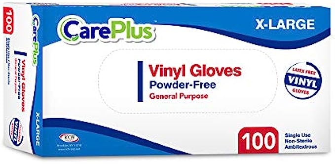Care Plus Disposable Vinyl Gloves | Extra Large Size | Heavy Duty | Non Sterile | Powder Free | Latex Free Rubber | 100 Count | Food Safe