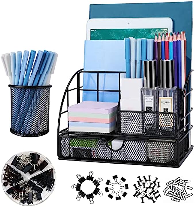 VEDETT Office Supplies Desk Organizer Caddy with 6 Compartments + Pen Holder / 72 Accessories, Mesh Desk Organizers with Drawer, for Office, Home, School (Black)
