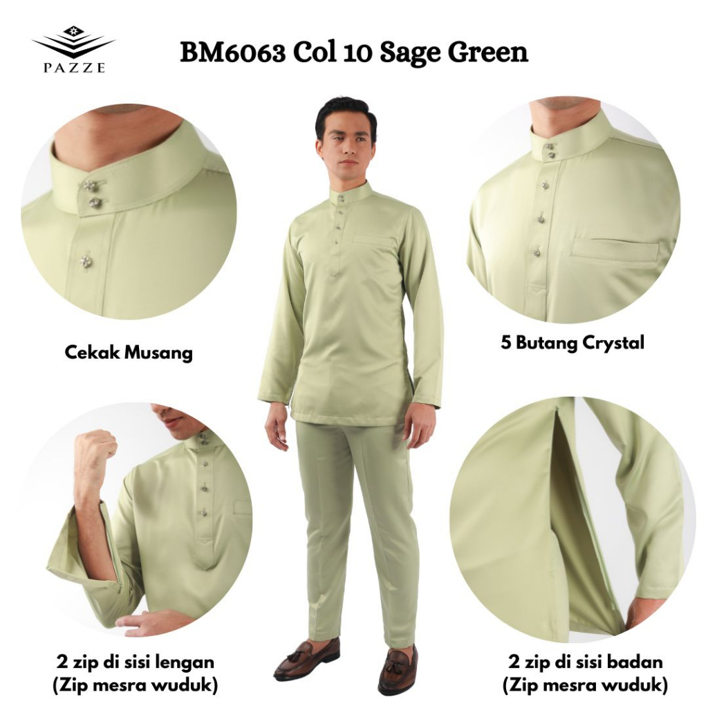 SAGE GREEN BAJU MELAYU SLIM FIT SATIN MATTE | SET TUNANG NIKAH DUAL ZIP | XS > 2XL