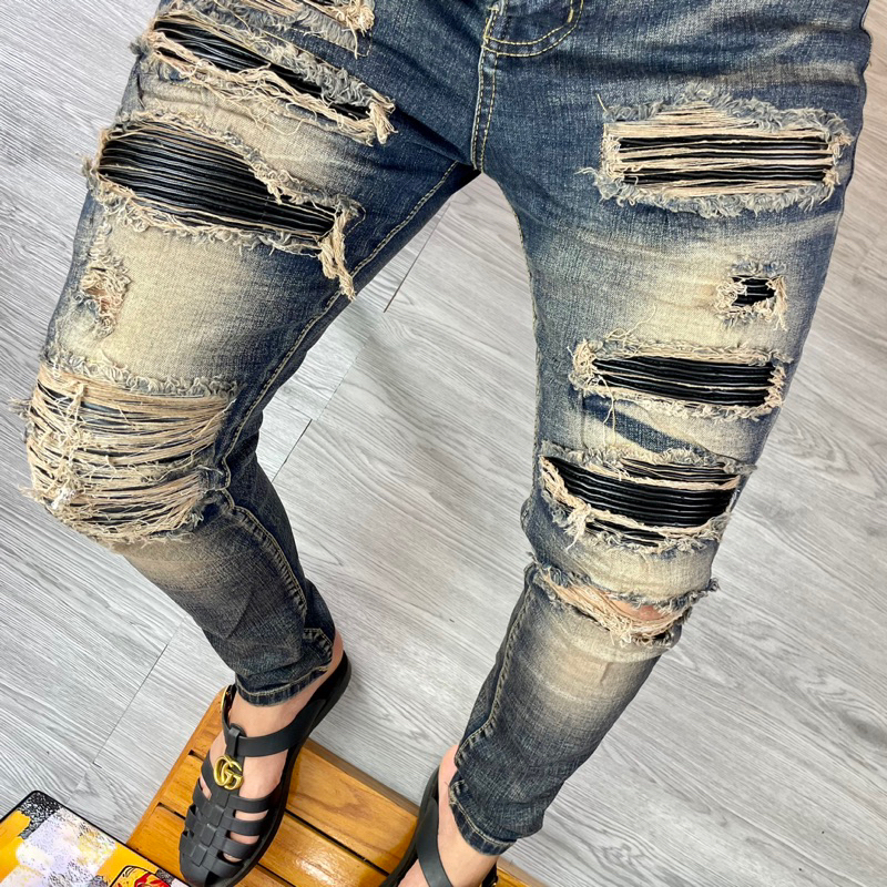 Torn jeans with sturdy border sewn leather pillow, men's Street boy pants 4 amiri buttons