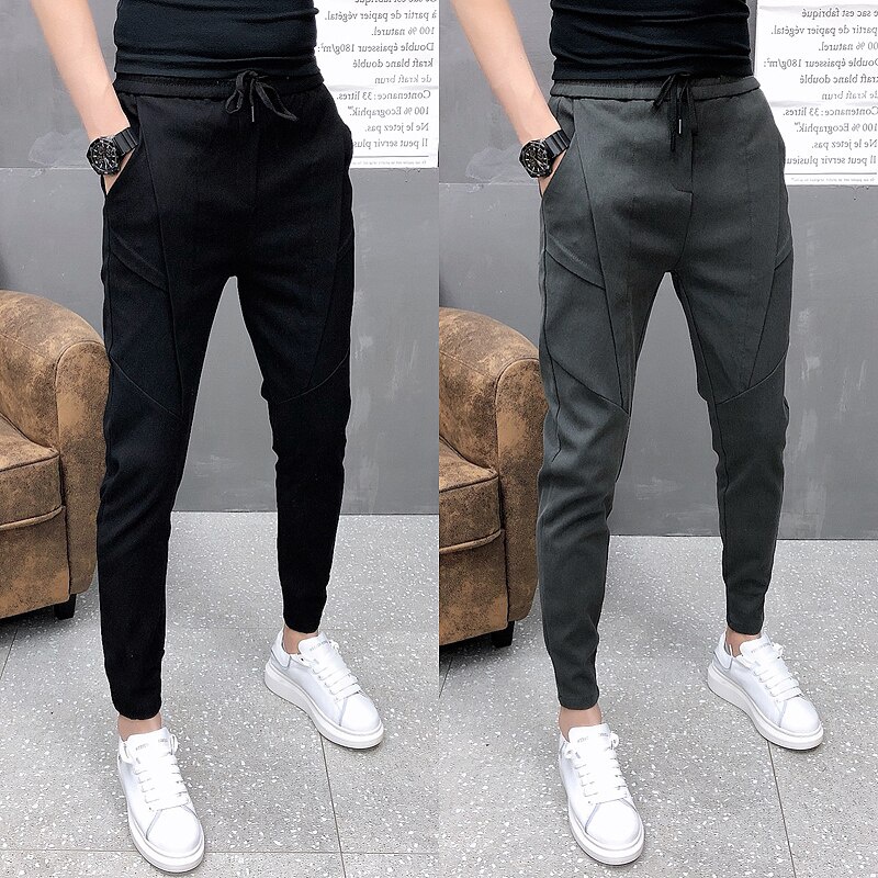 Men's Korean Style Solid Color Jogging Pant Man Slim Fit Drawstring Casual Ankle Pants