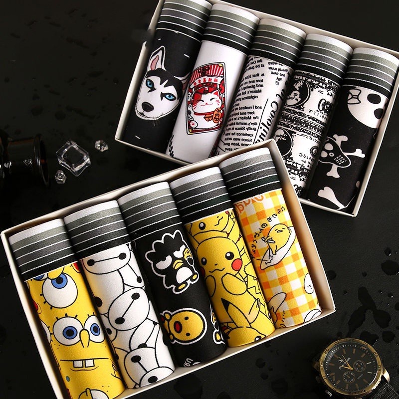 5Pcs/Set Seluar Dalam Lelaki Boxer Men Underwear Men Spender Lelaki Panties Cartoon PantiesGraffiti Plus Size Ice Silk