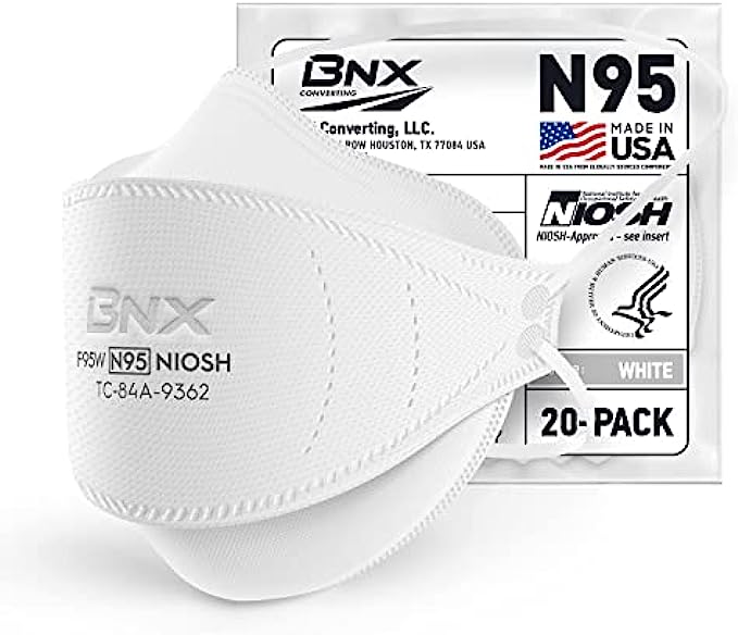 BNX N95 Mask NIOSH Certified MADE IN USA Particulate Respirator Protective Face Mask, Tri-Fold Cup/Fish Style, (20-Pack, Approval Number TC-84A-9362 / Model F95W) White