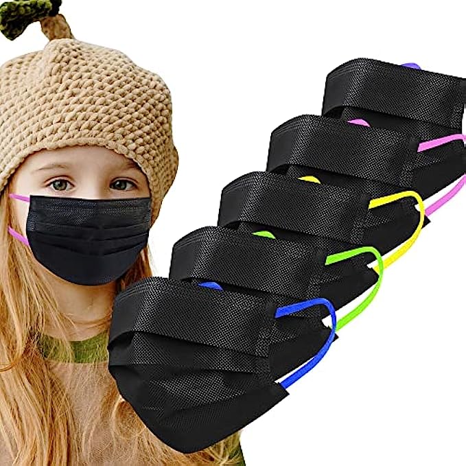 Sheal Kids 100PCS Individually Packaged Disposable Face Masks Black with Colorful Elastic Earloops Kids Face Masks For 4-12 Years Kids
