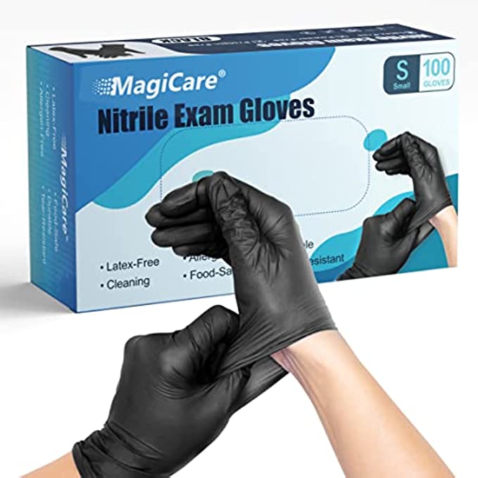 MagiCare Black Nitrile Gloves - Durable Medical Disposable Gloves - Non Sterile, Latex Fee, Powder Free - 100 Exam Gloves/Box