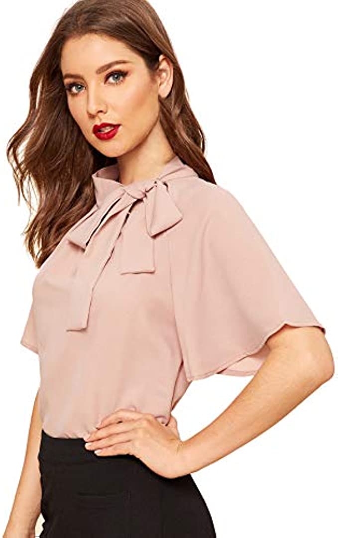 SheIn Women's Casual Side Bow Tie Neck Short Sleeve Blouse Shirt Top