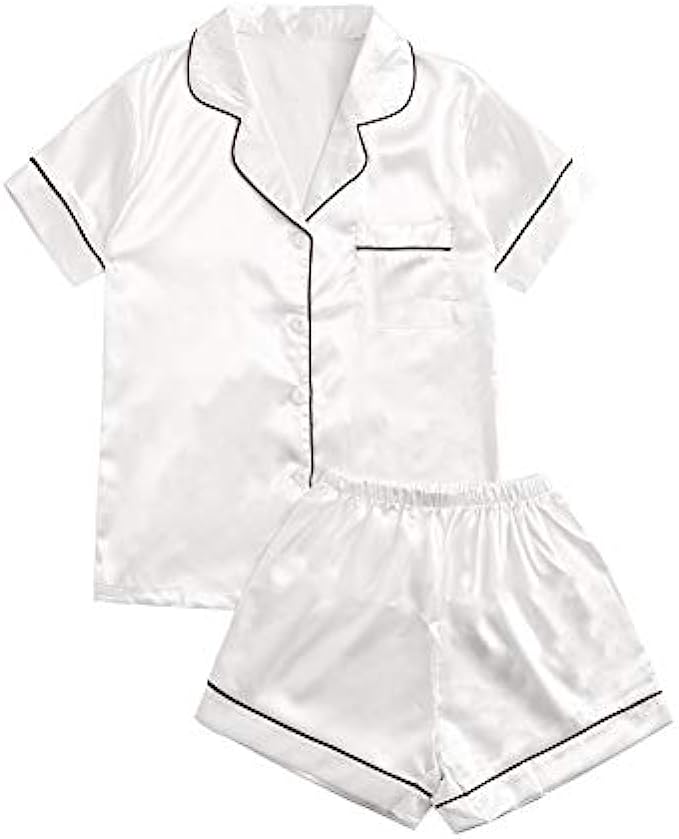 SweatyRocks Women's Short Sleeve Sleepwear Button Down Satin 2 Piece Pajama Set