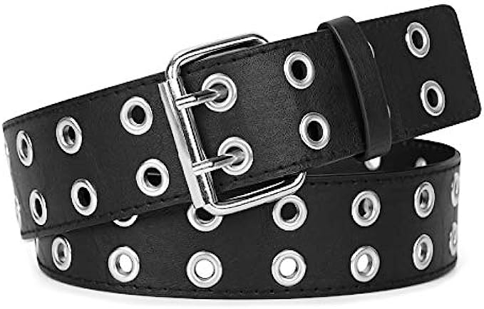 WERFORU Double Grommet Belt PU Leather Punk Belt for Women Men Jeans 2 Hole Belts 1.5 Wide