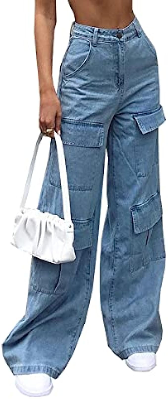 Women's High Waist Baggy Jeans Flap Pocket Relaxed Fit Straight Wide Leg Y2K Fashion Cargo Jeans