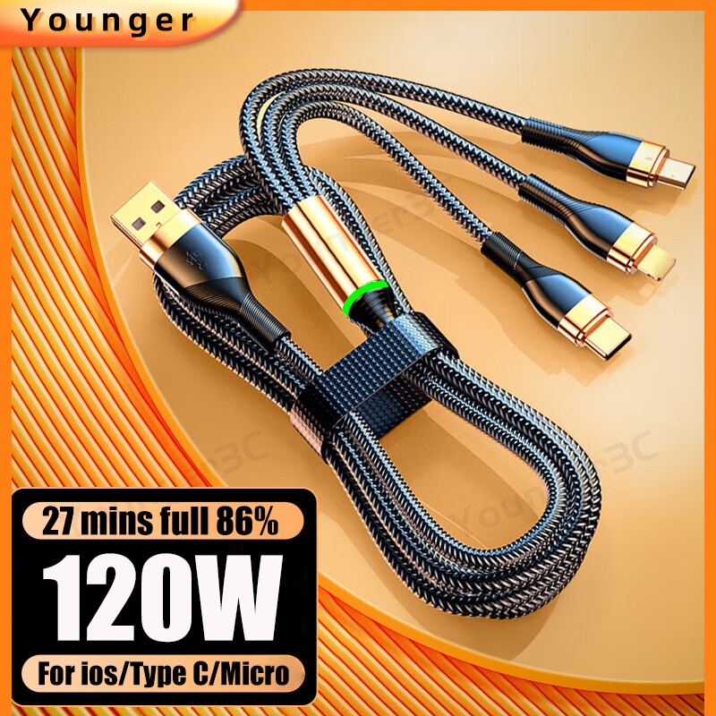120W Super Fast Charger Cable 3 in 1 Gilding Charging Cord With indicator light 6A Nylon Braided Data Cable For ios Micro Type-C