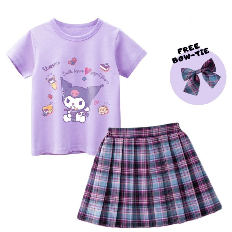 Girls Suit Cartoon Kurumi 100% Cotton T-Shirt and JK Dress Checked Skirt Free Bow Tie