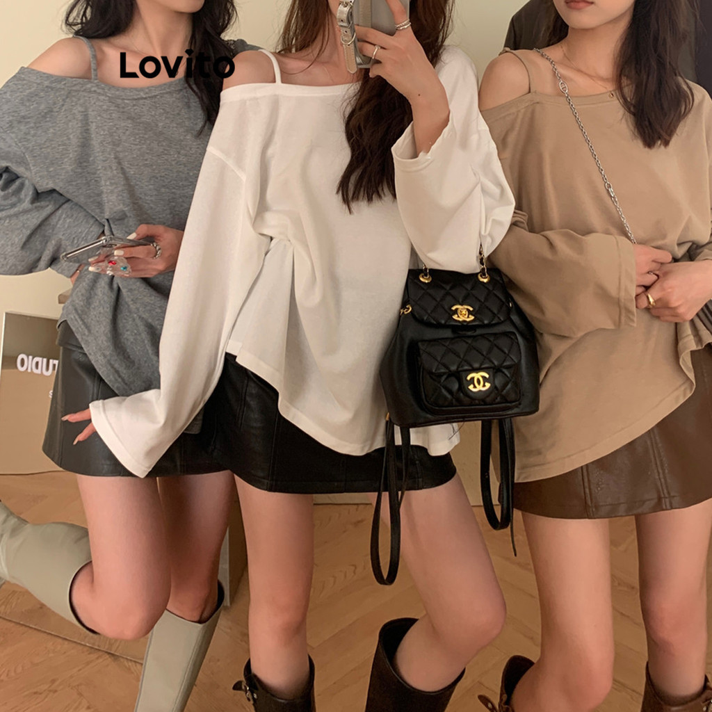 Lovito Casual Plain Asymmetrical T-Shirt for Women LNE24059 (Khaki/Dark Grey/Grey/White/Black)