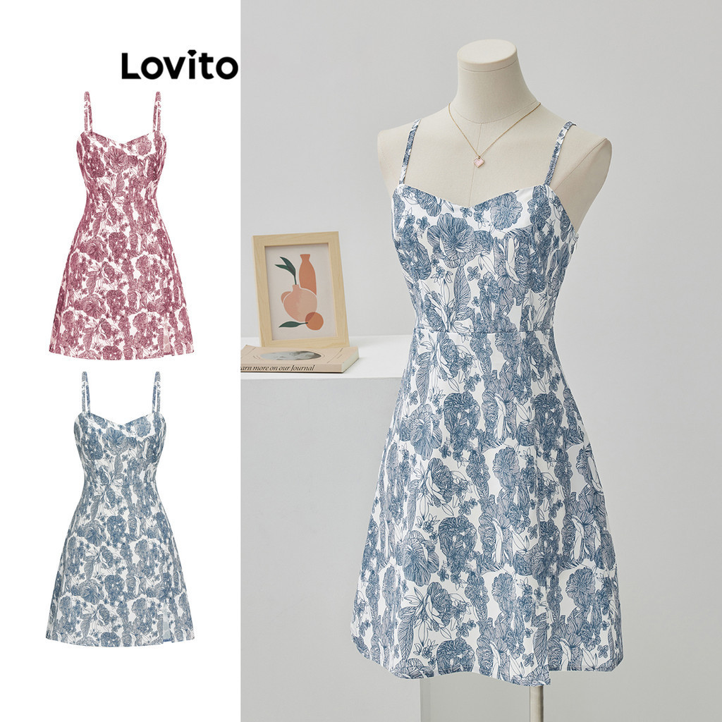 Lovito Boho Ditsy Floral Split Dress for Women L68ED195 (Blue)