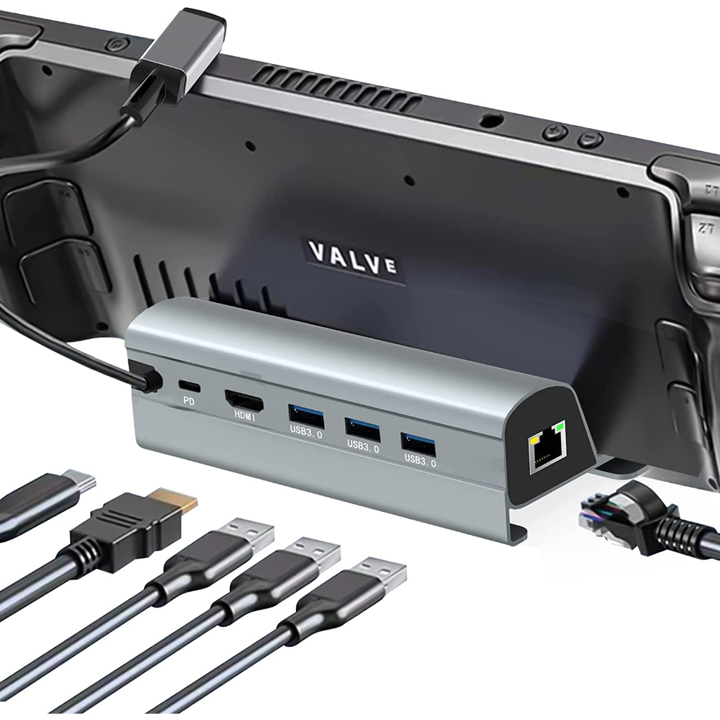 Steam Deck Dock 6-in-1 Steam Deck ROG Ally Docking Station with HDMI 2.0 4k@60Hz, Gigabit Ethernet, 3xUSB 3.0 and USB-C