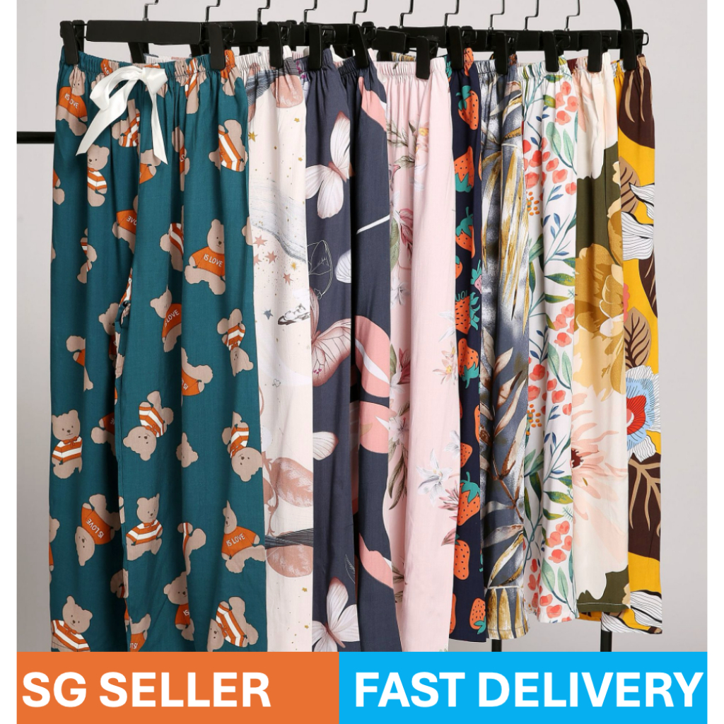 【?SG Seller】Long Summer cotton silk women's high waist wide leg pants indoor outdoor